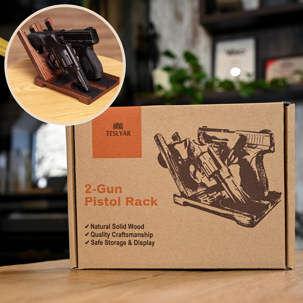 TESLYAR Wood Pistol Rack for Gun Safe – Gun Storage for 2 Handguns or Revolvers – Gun Safe Accessory – Gun Safe Organizer Cabinet Storage – Handmade from Ash Wood – Great Idea Gifts for a Gun Lover TESLYAR