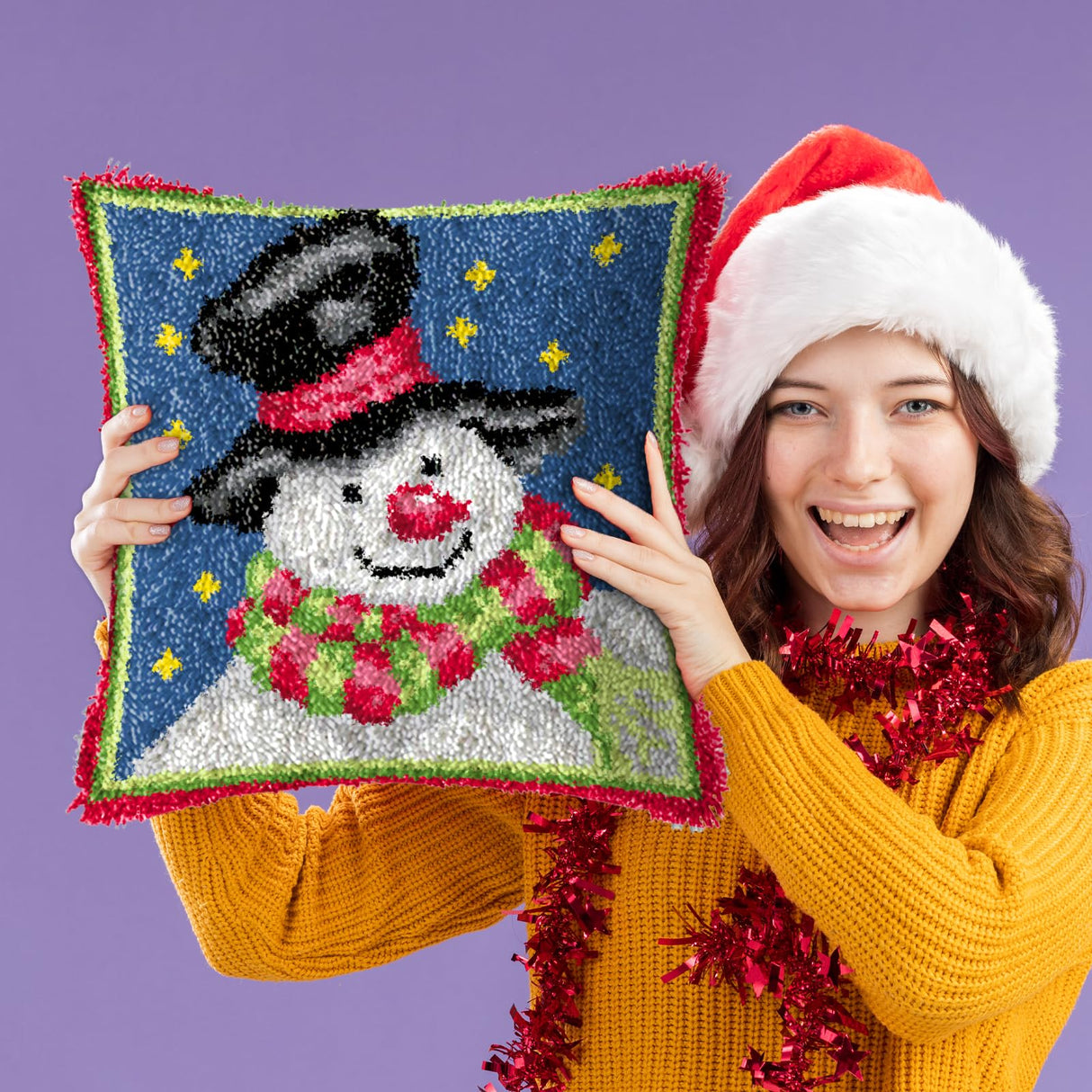 LAPATAIN Latch Hook Kits for DIY Throw Pillow Cover,Snowman Needlework Cushion Cover Hand Craft Crochet for Great Family 17x17inch LAPATAIN