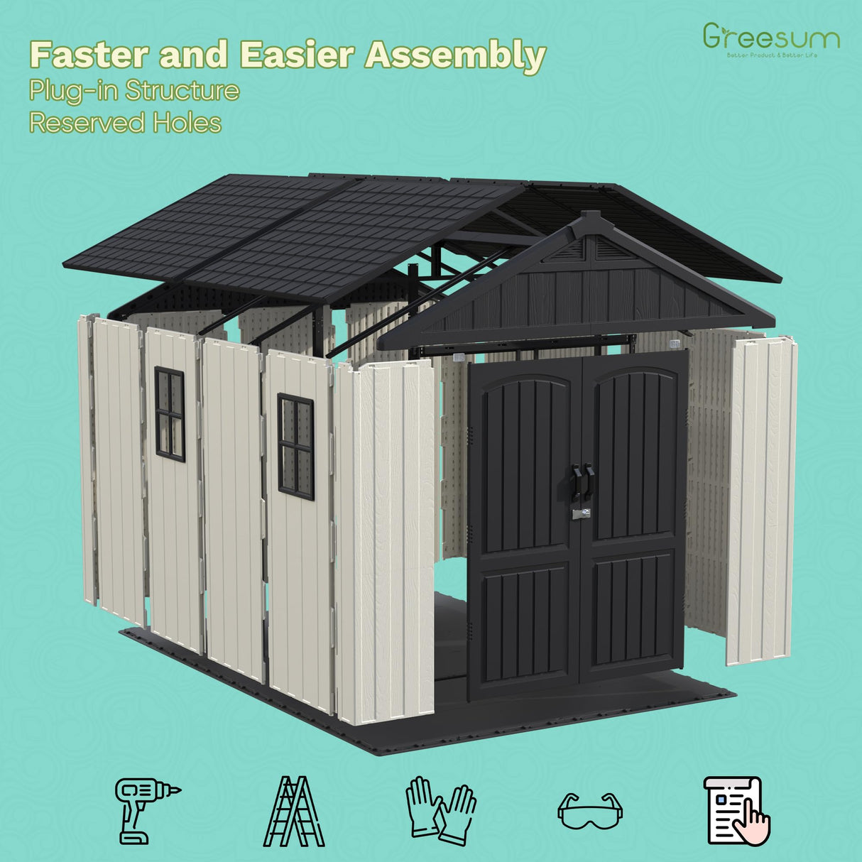 Greesum 8×12 FT Plastic Outdoor Storage Shed with Floor, Resin Sheds with Window and Lockable Door, Weather Resistant Organization for Garden, Lawn, Pool Supplies, Beige Greesum