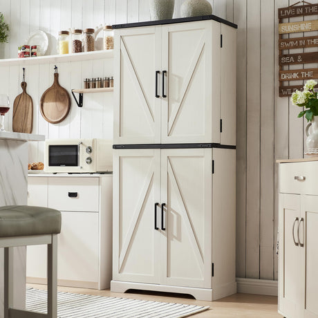 ACCOHOHO 72" Tall Kitchen Pantry, Farmhouse Storage Cabinet with Barn Doors, Organizer, Drawer and Adjustable Shelves, Rustic Wood Cupboard for Kitchen, Dining Room, Bathroom, Off White ACCOHOHO