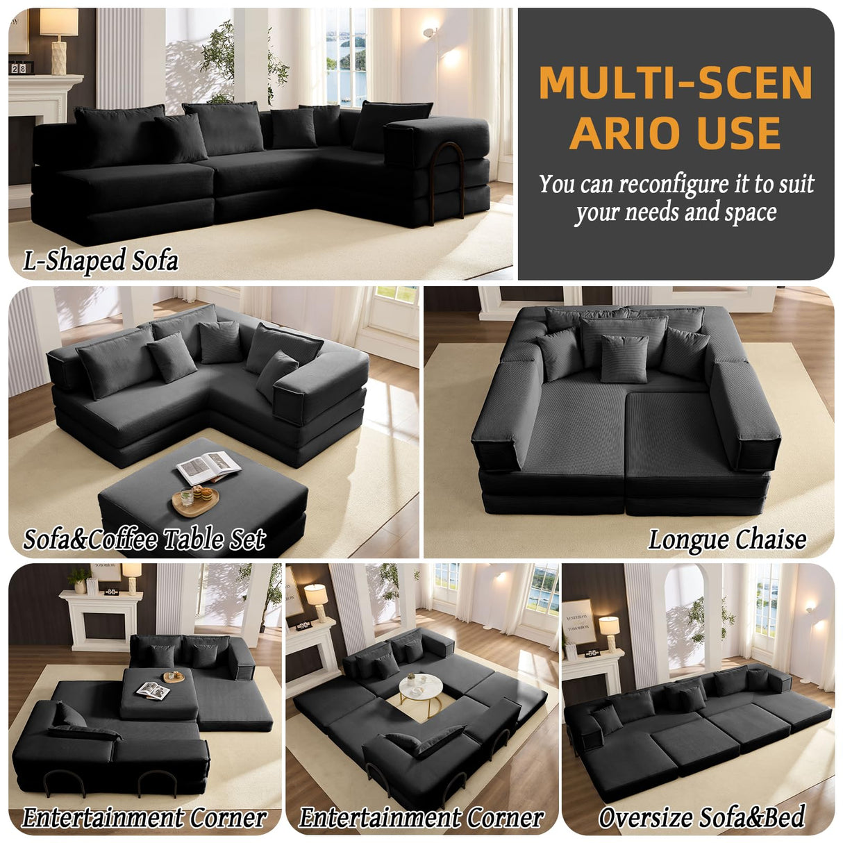 Boneless Sectional Couches for Living Room Furniture, 6-in-1 Convertible Oversized Sofa Bed, L Shaped Cloud Sectional Couch, Corduroy Upholstered Deep Seat Sofa, No Assembly (Black) SCZMWJ