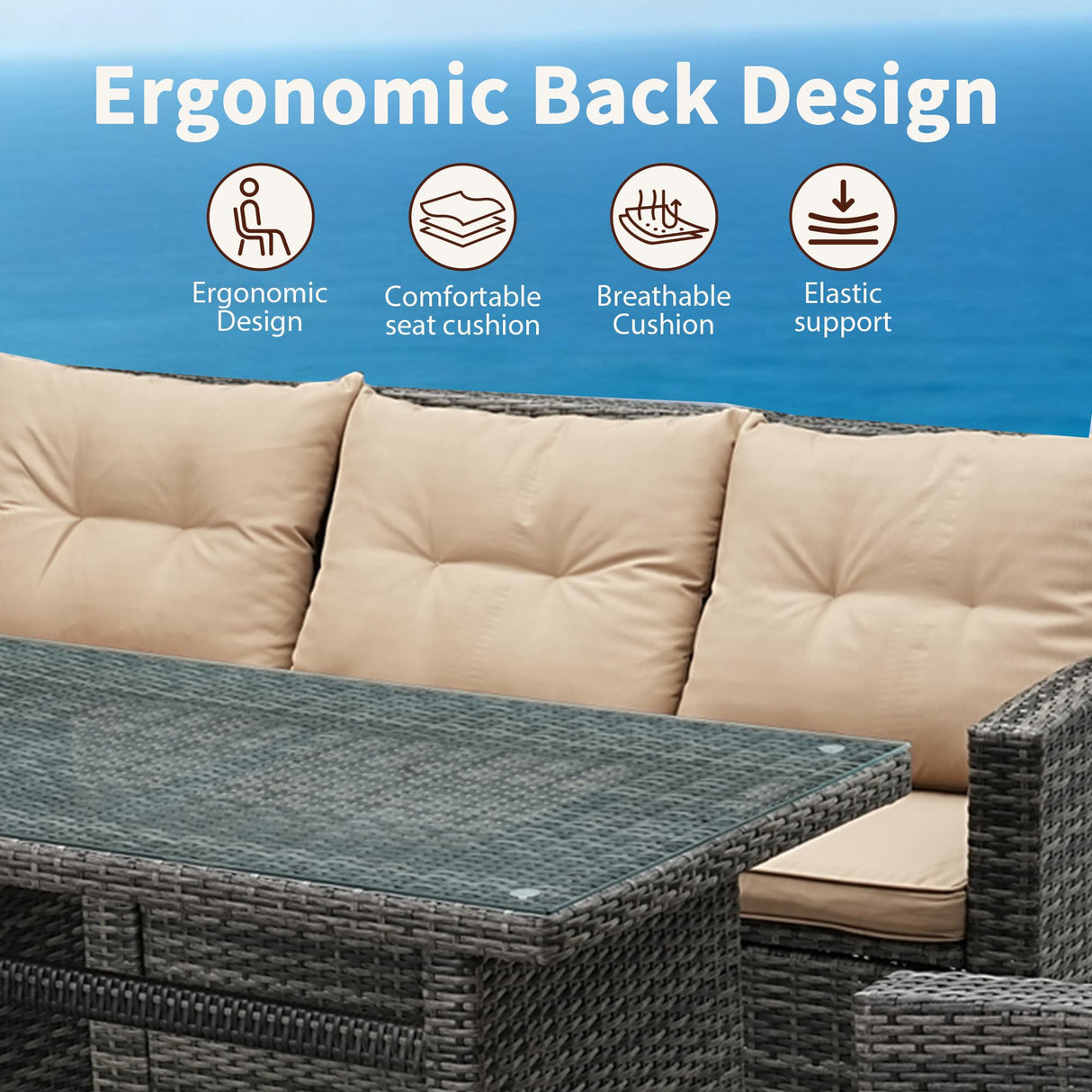 ZJEYEJZ 6 Pieces Patio Furniture Set - All-Weather Outdoor Wicker Sectional Conversation Sofa, Rattan Patio Seating Sofa Set with 4'' Cushion and Glass Table for Porch Poolside, Brown ZJEYEJZ