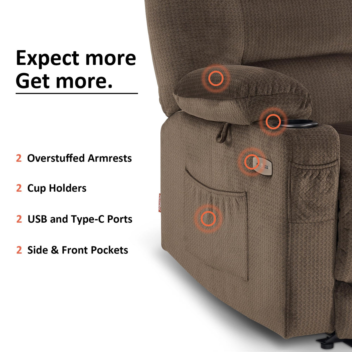 MCombo Large Power Recliner Chair with Heat and Vibration, USB Ports, Cup Holders, Electric Reclining for Living Room PR670 (Dark Brown Large 25.5" Seat Width) MCombo