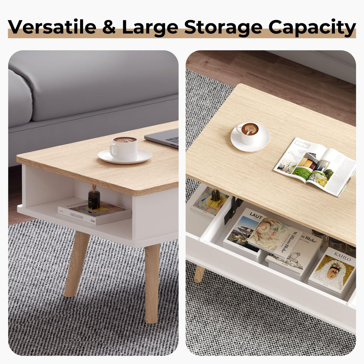 VYRIVA Lift Top Coffee Table, One Minute No Assembly Required Rising Tabletop Center Table with Large Hidden Storage Compartment, Open Shelf, Anti-Pinch Design Mute for Living Room (Oak) VYRIVA
