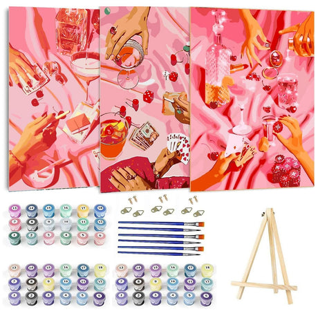 WUDWL Paint by Numbers Kit for Adults Framed Canvas, 3 Pack with Wooden Easel,Paint by Numbers for Kids Ages 8-12, Pink Tablecloth DIY Acrylic Landscape Oil Painting Arts Crafts, 9.45x11.8inch WUDWL