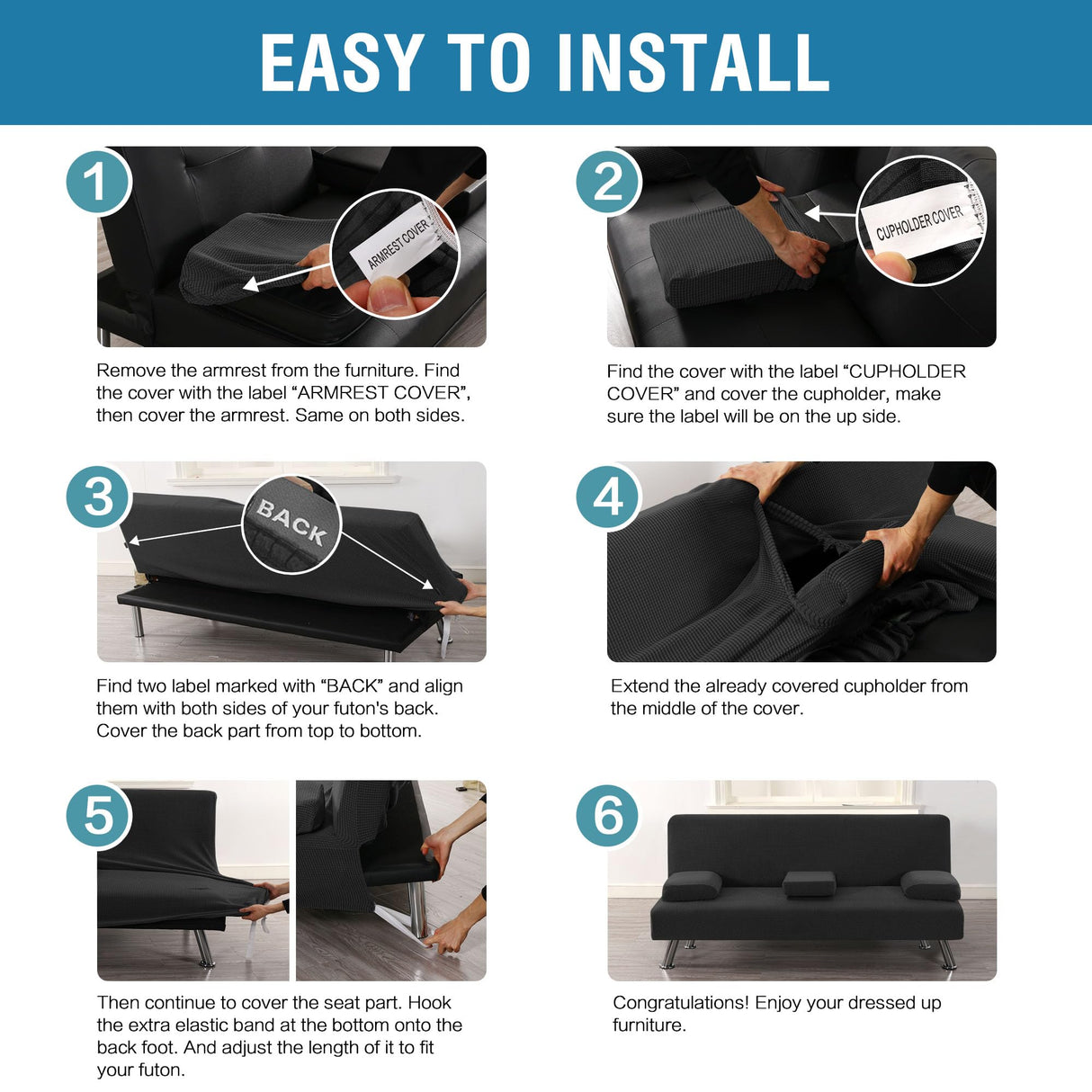 H.VERSAILTEX 4 Pieces Stretch Futon Covers Sofa Bed Slipcover with Removable Armrests and Cupholders Covers Furniture Protector High Spandex Small Checks Jacquard Fabric, Black H.VERSAILTEX