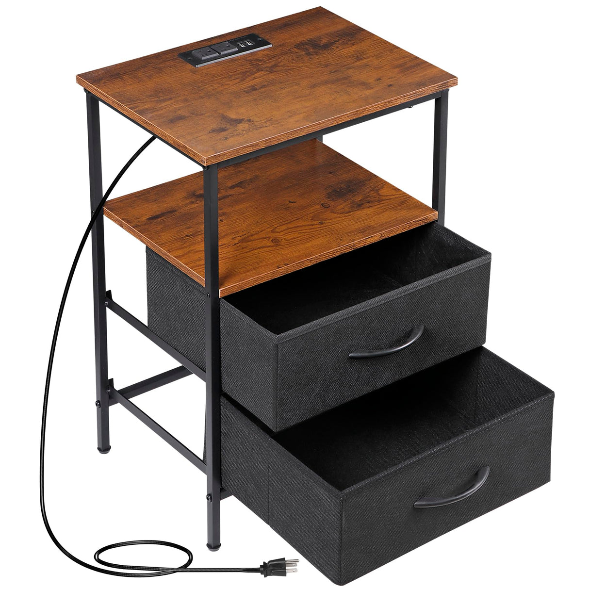 Nouva Nightstands Set of 2 with Charging Station, End Table Side Table Night Stand Bedside Table Furniture w/ 4 Fabric Drawers, USB Ports & Outlets,Metal Frame for Bedroom,Rustic Brown Nouva
