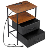 Nouva Nightstands Set of 2 with Charging Station, End Table Side Table Night Stand Bedside Table Furniture w/ 4 Fabric Drawers, USB Ports & Outlets,Metal Frame for Bedroom,Rustic Brown Nouva