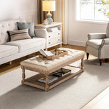 HULALA HOME Rectangle Ottoman Coffee Table with Tray, Tufted Living Room Ottoman with Solid Wood Storage Shelf, Linen HULALA HOME