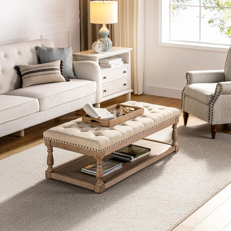 HULALA HOME Rectangle Ottoman Coffee Table with Tray, Tufted Living Room Ottoman with Solid Wood Storage Shelf, Linen HULALA HOME