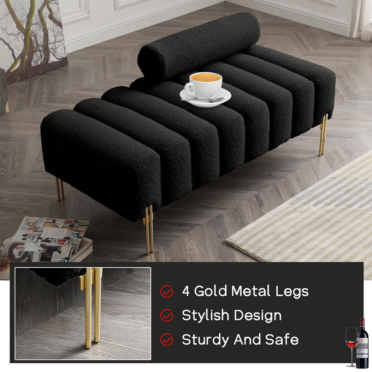 NIOIIKIT 53.2" Modern Loveseat Sofa Couch, Upholstered Accent Sofa with Golden Legs and Adjustable Backrest, Small Teddy Fleece Couches for Bedroom, Living Room, Compact Small Space (Black) NIOIIKIT