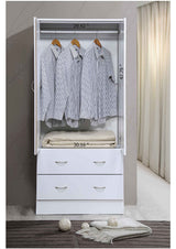 HODEDAH 2 Door Wood Wardrobe Bedroom Closet with Clothing Rod inside Cabinet, 2 Drawers for Storage and Mirror, White Hodedah