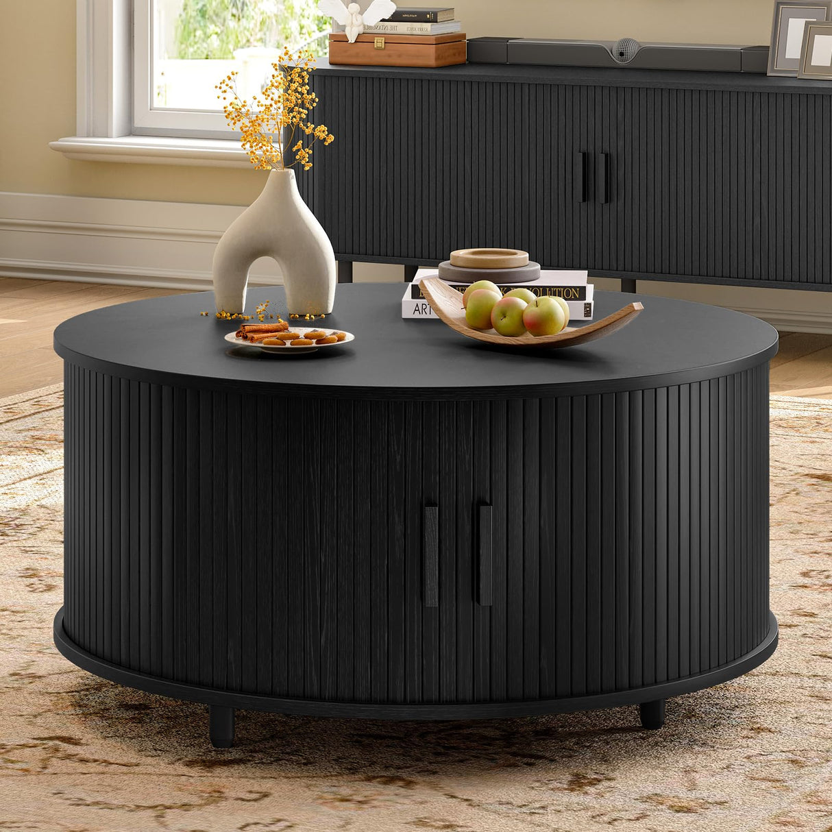 Lefurture 31.5 Inch Round Coffee Table, Mid-Century Modern Coffee Table wtih Storage, Accent Coffee Table with Adjustable Footpads, Center Table with Sliding Doors for Living Room (Black) Lefurture