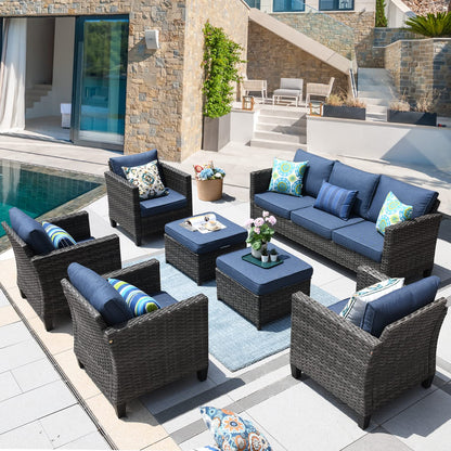 ovios Patio Furniture Set, 7 Pieces Outdoor Wicker Rattan Sofa Couch with 4 Chairs, Ottomans and Comfy Cushions, All Weather High Back Conversation Set Garden Backyard, Denim Blue - WoodArtSupply