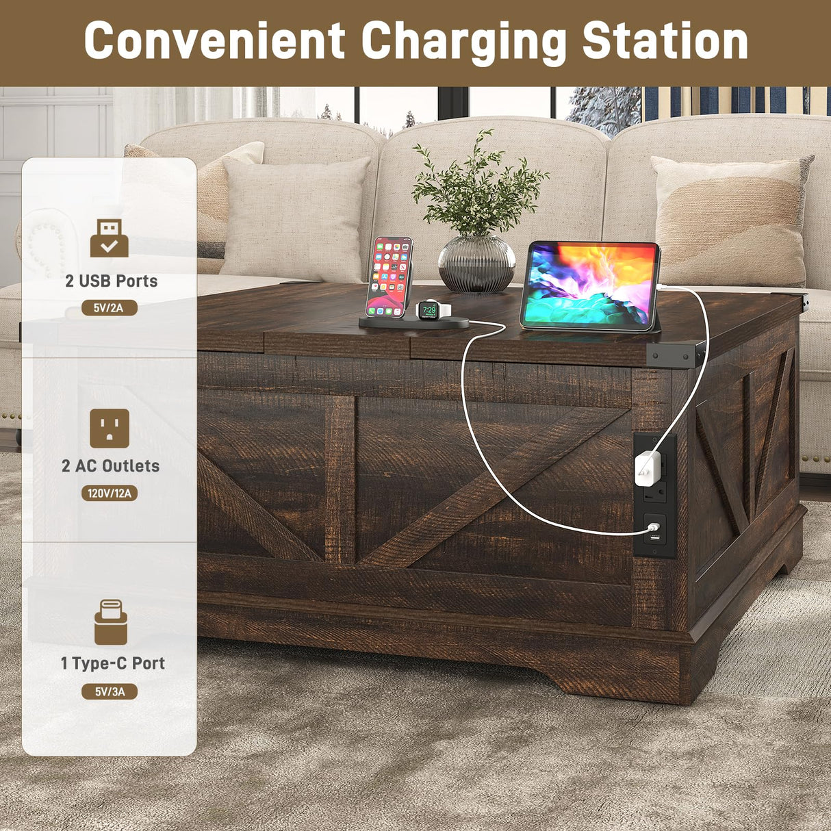 Hlivelood 40” Large Farmhouse Lift Top Coffee Table with Power Outlets and Large Hidden Storage, Square Wood Living Room Tables, Multi-Function Lift Wooden Barn Door Center Table, Brown Hlivelood