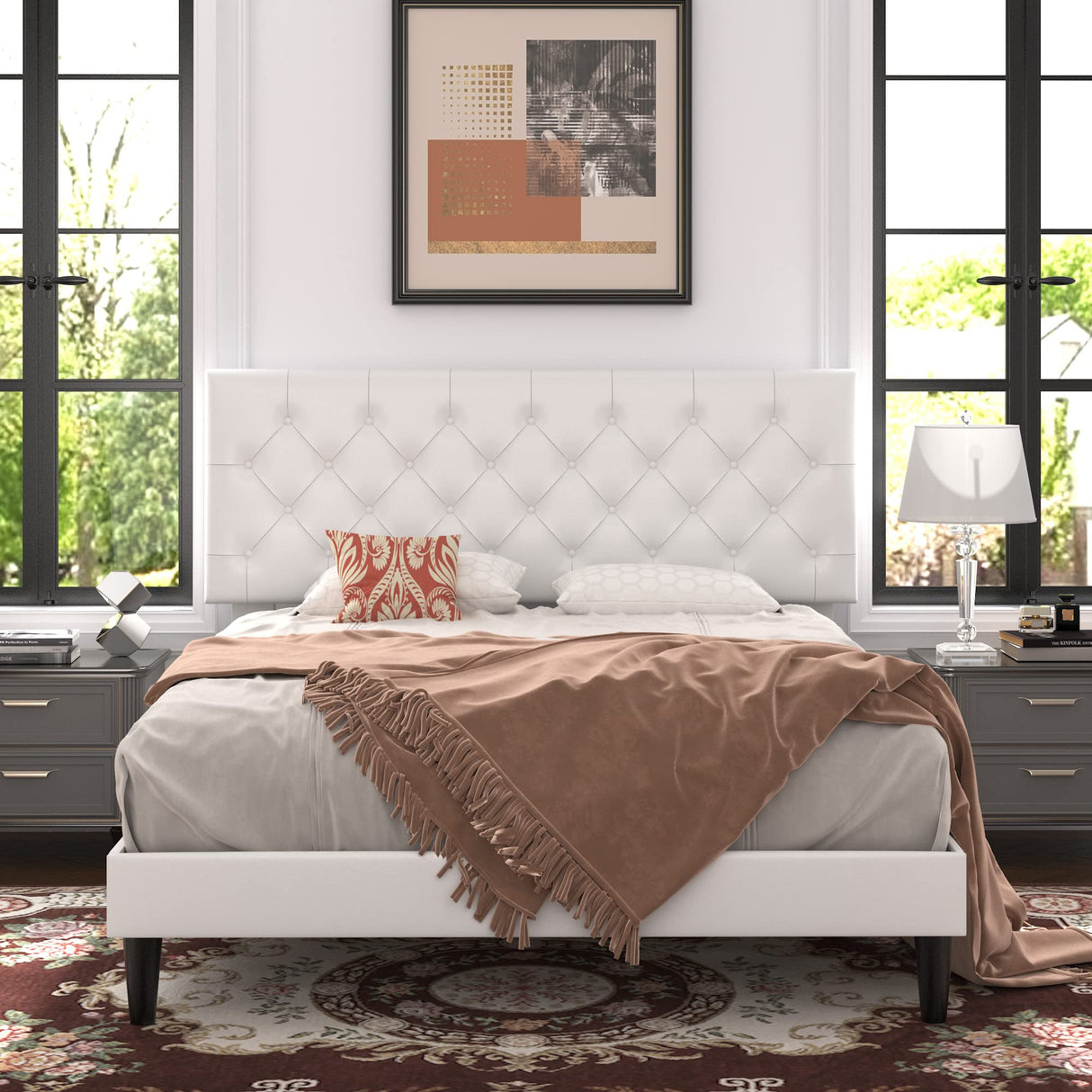 Allewie Full Size Platform Bed Frame, Adjustable Faux Leather Headboard with Diamond Stitch and Button Tufted, Sturdy Wood Slats, Easy-Assembly, No Box Spring Needed, Off-White Allewie