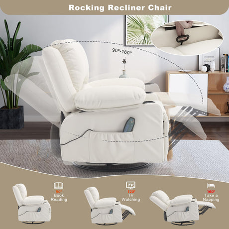 Massage Swivel Rocker Recliner with Lumbar Heat, Overstuffed PU Leather Recliners for Living Room, Modern Single Rocking Chair for Adults, Manual Rocker Recliner with Cup Holders for Bedroom, White Comermax