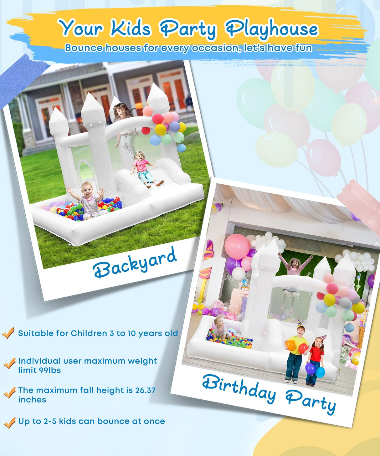 NBSPORT White Bounce House with Blower Included, 9x9x7FT Inflatable Bounce House Castle with Ball Pit and Slide,Small Jumper Bouncy Castle, Fun for Kids Birthday Party NBSPORT