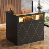 PAKASEPT Reception Desk with LED Lights, L-Shaped Modern Front Desk with Glass Display Shelf, Reception Counter Table for Lobbies, Salons, Retail, Home Offices (Black) PAKASEPT