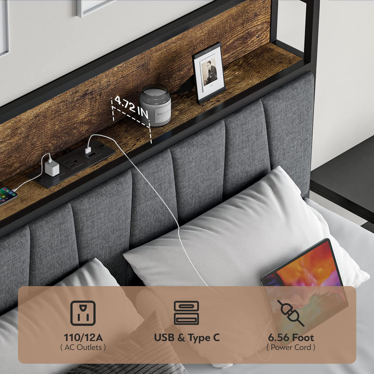 CIKUNASI Heavy Duty Full Size Bed Frame with Headboard, Storage Drawers, and LED Charging Station CIKUNASI