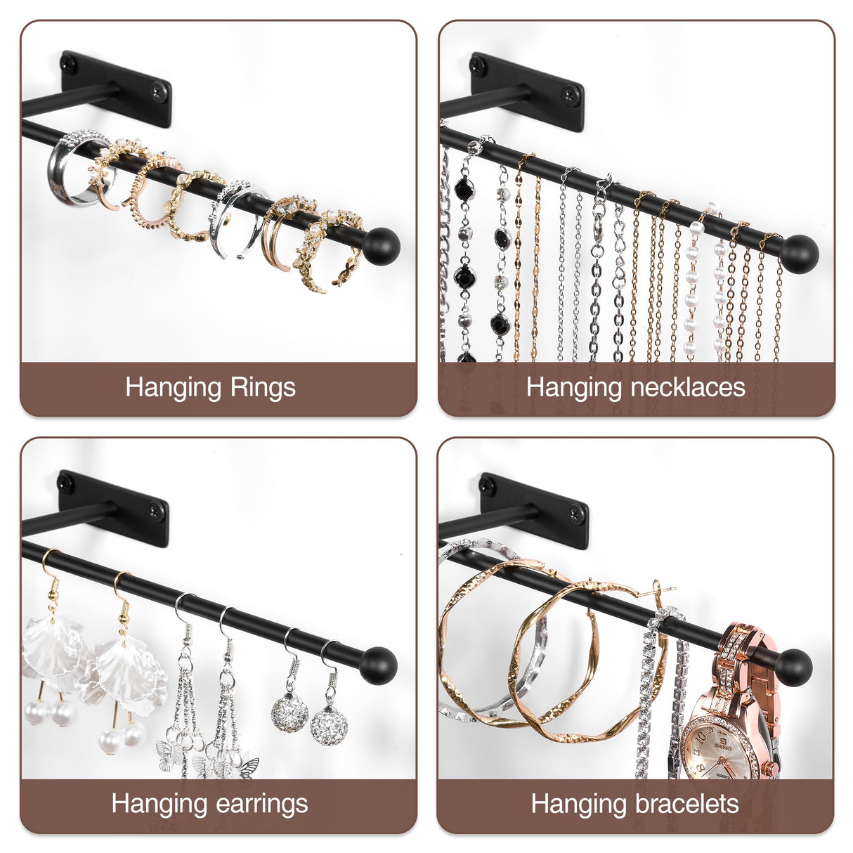 Josmimic Wall Hanging Jewelry Organizer: 12.6'' Necklace Holder for Earring, Bracelet, Rings, Hairband, Glasses, Black 2-Pack, Screws Included Josmimic