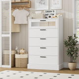 HOSTACK Modern 5 Drawer Dresser for Bedroom, Tall White Dresser Chest of Drawers with Metal Handles, Wood Dresser Storage Cabinet with Anti-Drop Fence & Fluted Glass for Living Room, Entryway, White HOSTACK