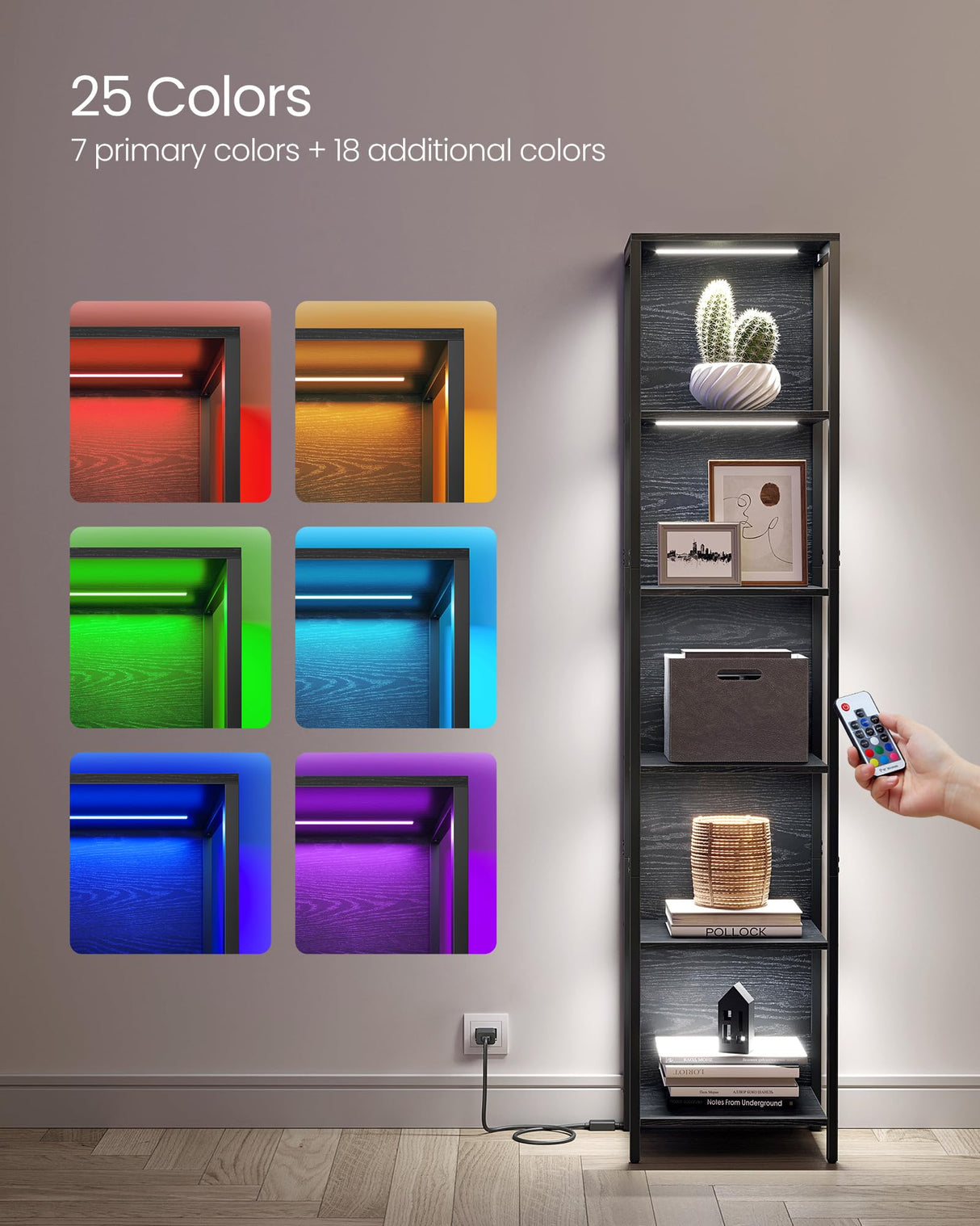 VASAGLE 6-Tier LED Bookshelf, Display Shelf with Dimmable Lights, LED Bookcase with Steel Frame, 11.9 x 15.7 x 70.3 Inches, for Living Room, Bedroom, Office, Black with Wood Grain ULLS121B56 VASAGLE