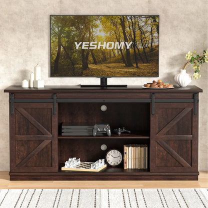 YESHOMY TV Stand for Televisions up to 65 Inchs, with Sliding Barn Doors and Storage Cabinets, Console Table and Media Furniture for Living Room, 58 Inch, Espresso