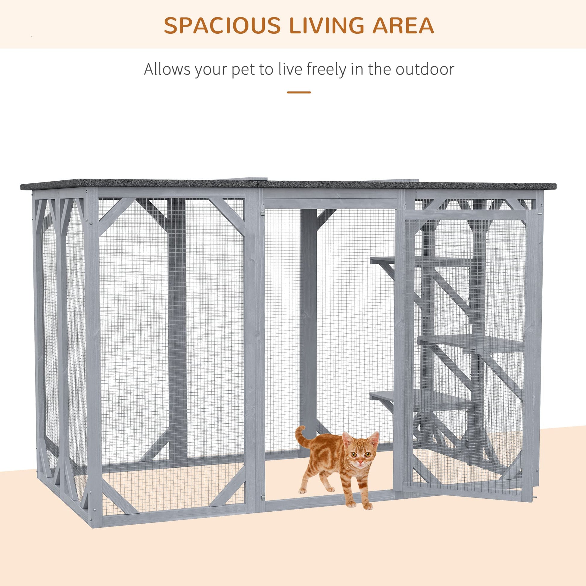 PawHut Outdoor Cat House, Catio Wooden Feral Cat Shelter, Cat Cage with Platforms, Large Enter Door, Weather Protection Asphalt Roof, 71" L, Gray - WoodArtSupply