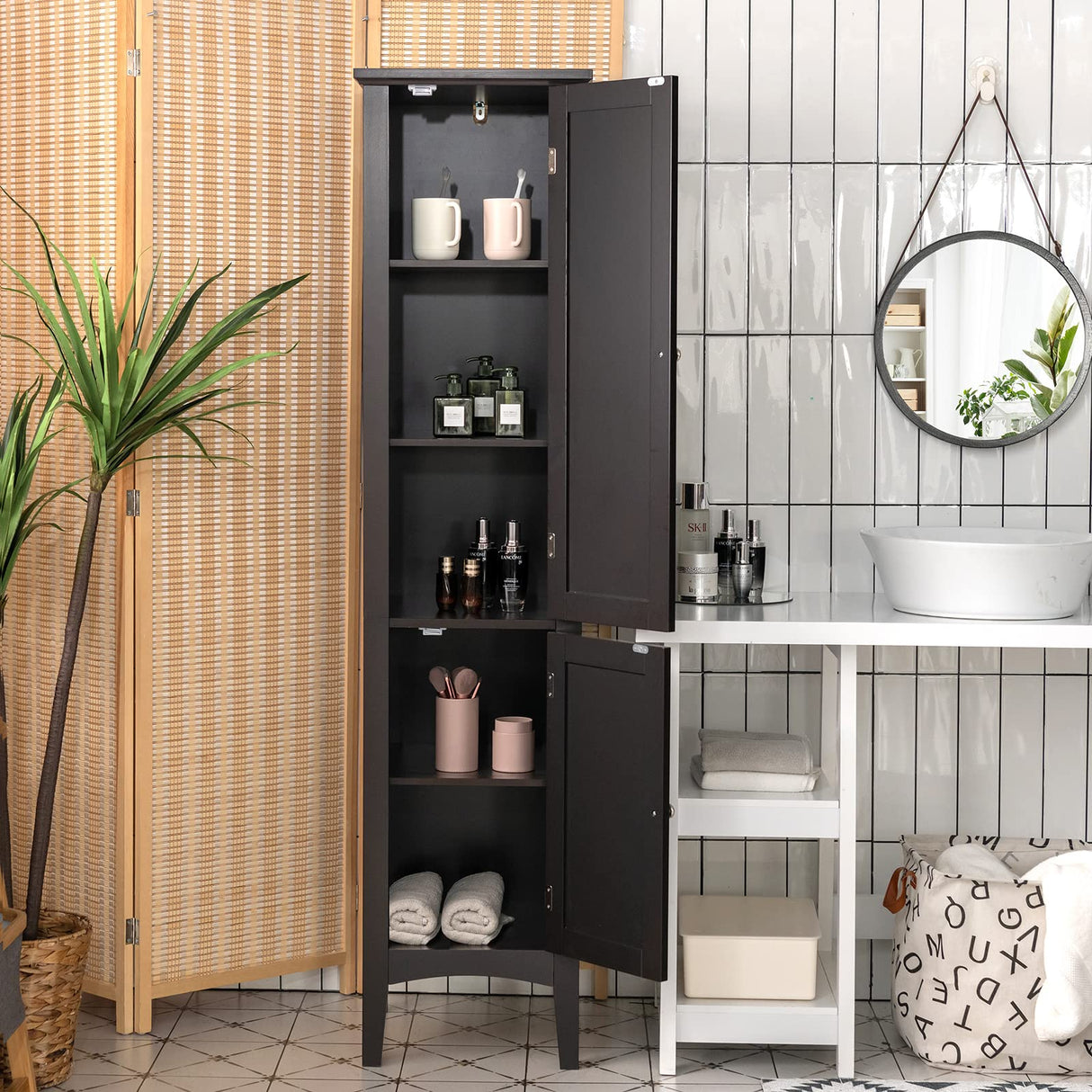Tangkula Tall Bathroom Storage Cabinet, 5-Tier Wooden Freestanding Tower Cabinet, Narrow Storage Floor Cabinet w/ 2 Doors & Shelves for Bathroom Living Room Kitchen (Black) Tangkula