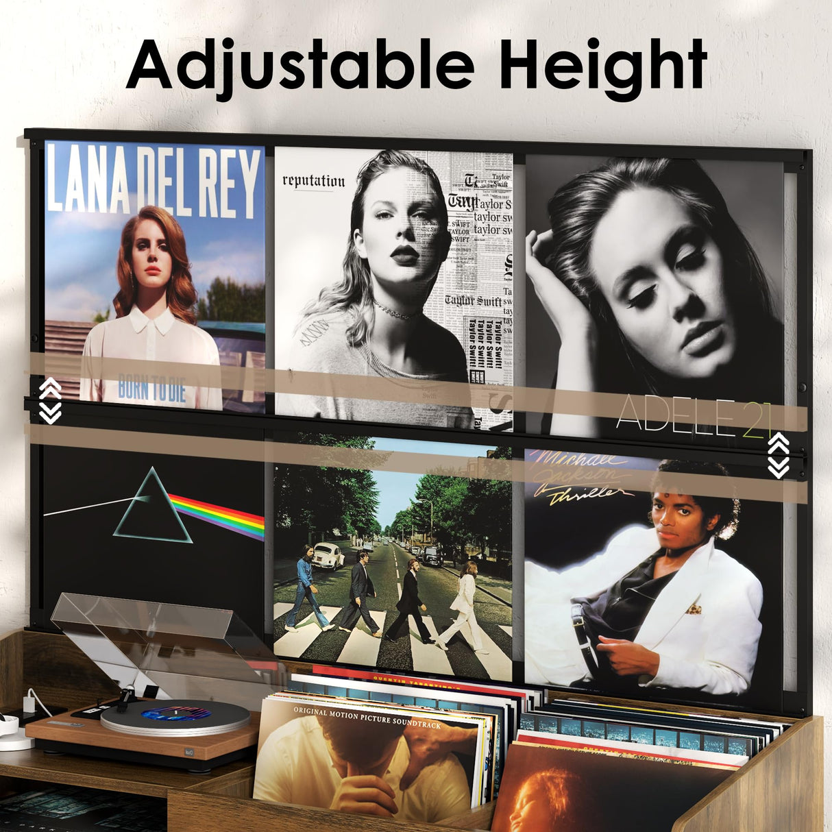 Gyfimoie Upgraded Large Record Player Stand, Mid-Century Turntable Stand with Power Outlet, Large Record Player Table Holds Up to 500 Albums, Vinyl Storage Cabinet Display Shelf for Living Room (Walnut) Gyfimoie