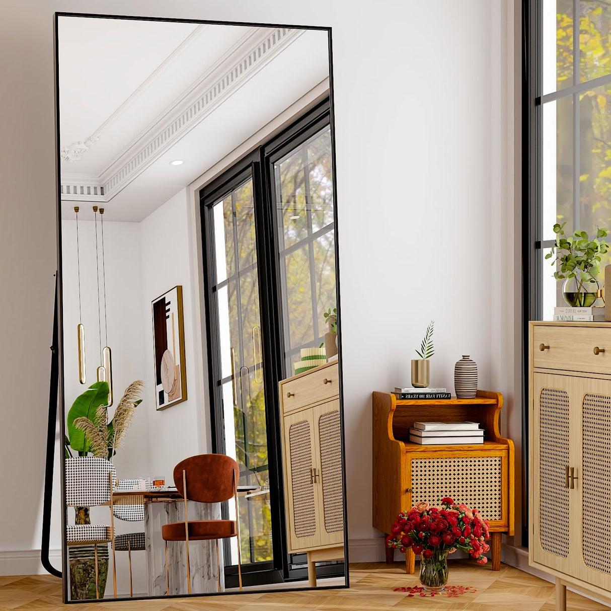 GLSLAND 76"x34" Full Length Mirror Extra Large Hanging or Leaning Rectangle Mirror Aluminum Alloy Thin Frame Bedroom Floor Dressing,Black GLSLAND