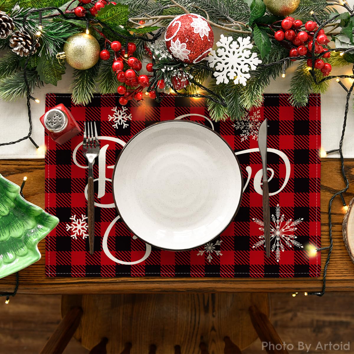 Artoid Mode Christmas Believe Buffalo Check Plaid Placemat for Dining Table, 12 x 18 Inch Winter Holiday Rustic Washable Table Mat Set of 4 Artoid Mode