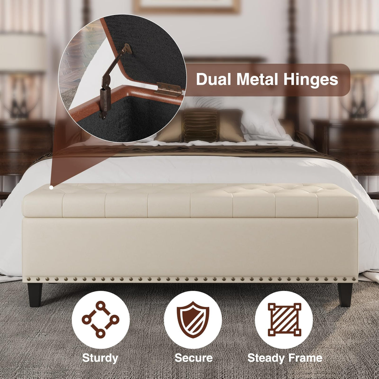 Storage Bench, 51-Inch Storage Ottoman Bench, 30 Gallons, Large Storage Ottoman, Modern Faux Leather Ottoman With Storage For Living Room, Bedroom, Entryway, Hallway, Office, Cream White FiveWillowise