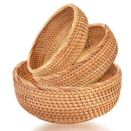 Round Rattan Bread Baskets for Serving Hand Woven Wicker Fruit Basket for Table Set of 3 Fruit Bowl for Kitchen Counter Gdpaddy