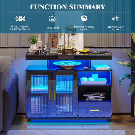 WOOVIVS 39.4" Modern LED Sideboard Buffet Cabinet with Charging Station, High Glossy Cupboard with Motion Sensor Light, Coffee Bar Storage Cabinet with Acrylic Panel for Living Room, Kitchen (Black) WOOVIVS