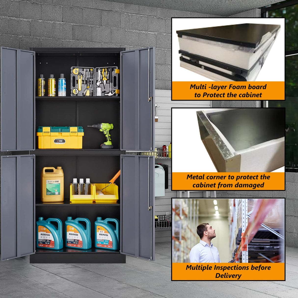 STANI Metal Storage Cabinet, Locking Steel Storage Cabinet with 4 Doors and 2 Adjustable Shelves, 71" Steel Lockable File Cabinet, Tall Steel Cabinet for Home Office,Garage,School STANI