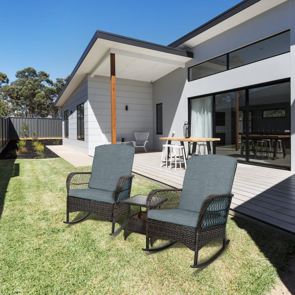 LEVELEVE 3 pcs Rocking Bistro Set Conversation Chairs PE Wicker Outdoor Rocking Chairs (Grey) LEVELEVE