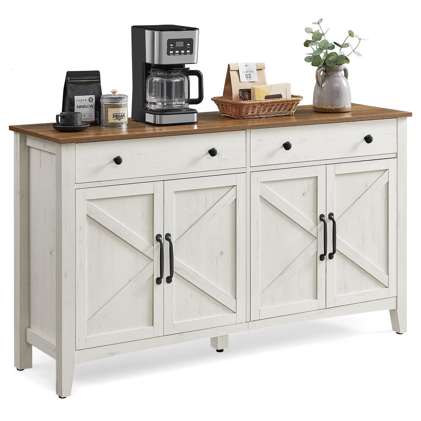 VASAGLE Coffee Bar Cabinet, Kitchen Storage Cabinet with 2 Drawers, Farmhouse Cabinet Sideboard with Adjustable Shelves for Kitchen, Rustic White and Honey Brown UBBK381W01