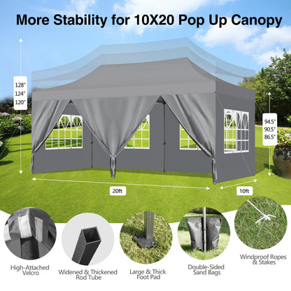 10x20 Heavy Duty Pop Up Canopy Tent with 6 Removable Sidewalls, Easy Setup Commercial Outdoor Canopy, Upgraded Waterproof Windproof Canopy for Parties with Roller Bag, Frame Thickened