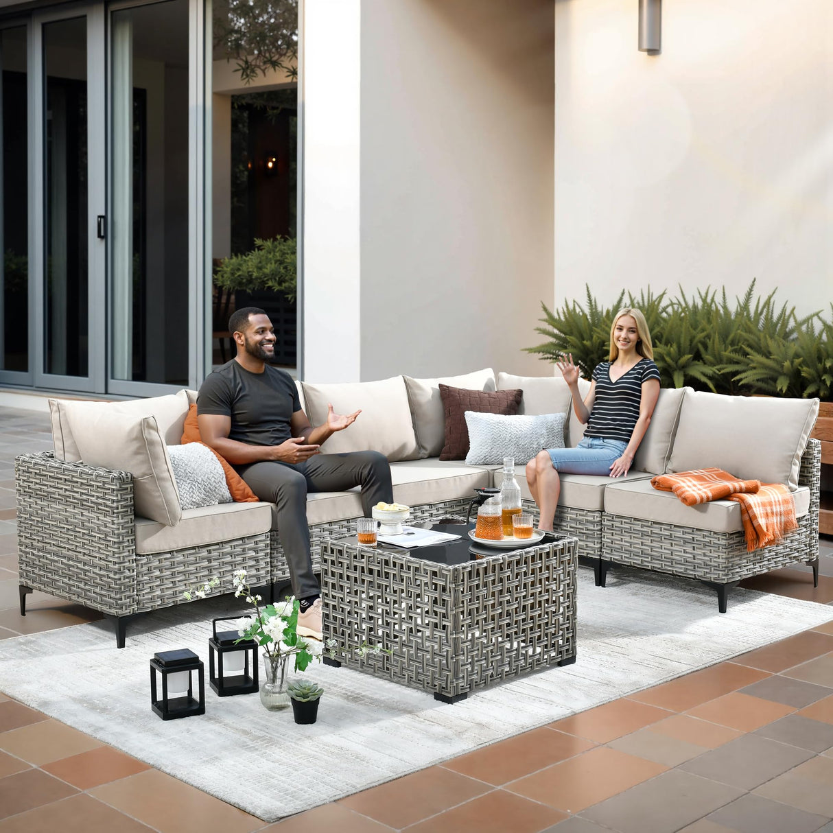 CAODOC Outdoor Sectional Patio Furniture Set,10 Pieces Wicker Conversation Sets L Shaped Couch,Out Door Sofa Outside Furniture with Swivel Chairs,Beige CAODOC