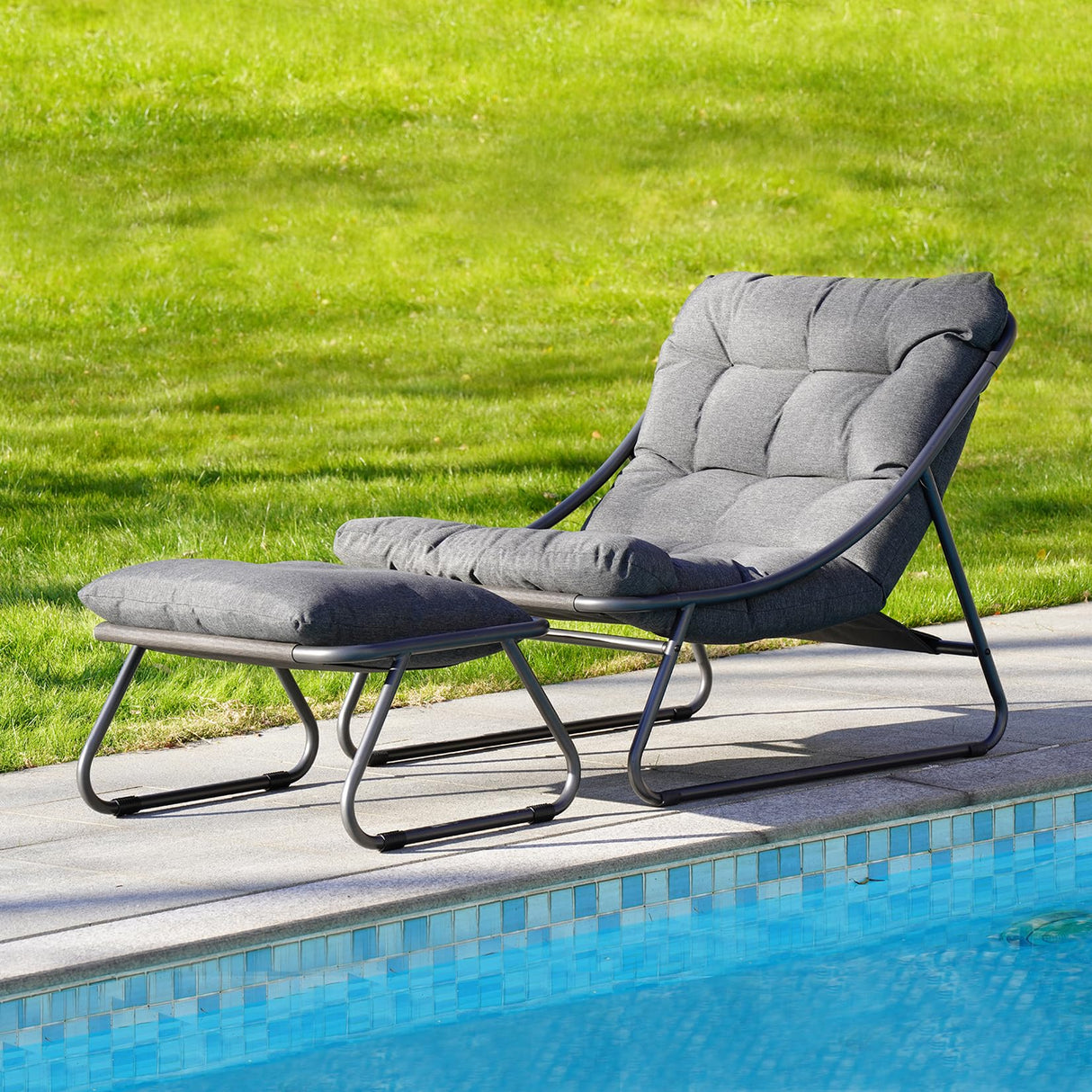 Grand patio Outdoor Lounge Chair with Ottoman, Comfy Sling Recliner Chair with Puffy Cushion and Foot Stool, Modern Patio Lounge Set for Porch Deck Garden, Dark Gray Grand patio