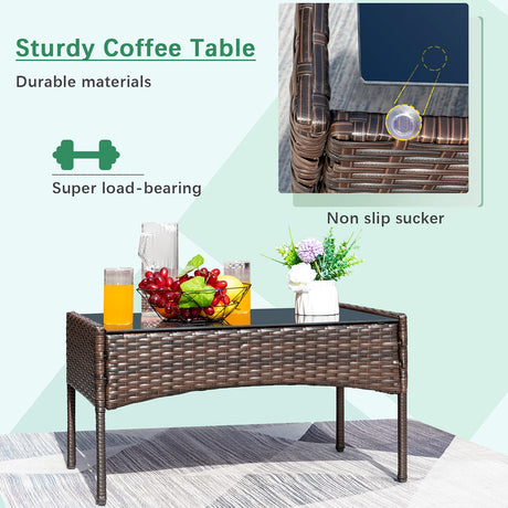 Greesum Patio Furniture 4 Pieces Conversation Sets Outdoor Wicker Rattan Chairs Garden Backyard Balcony Porch Poolside loveseat with Soft Cushion and Glass Table, Brown and Beige Greesum