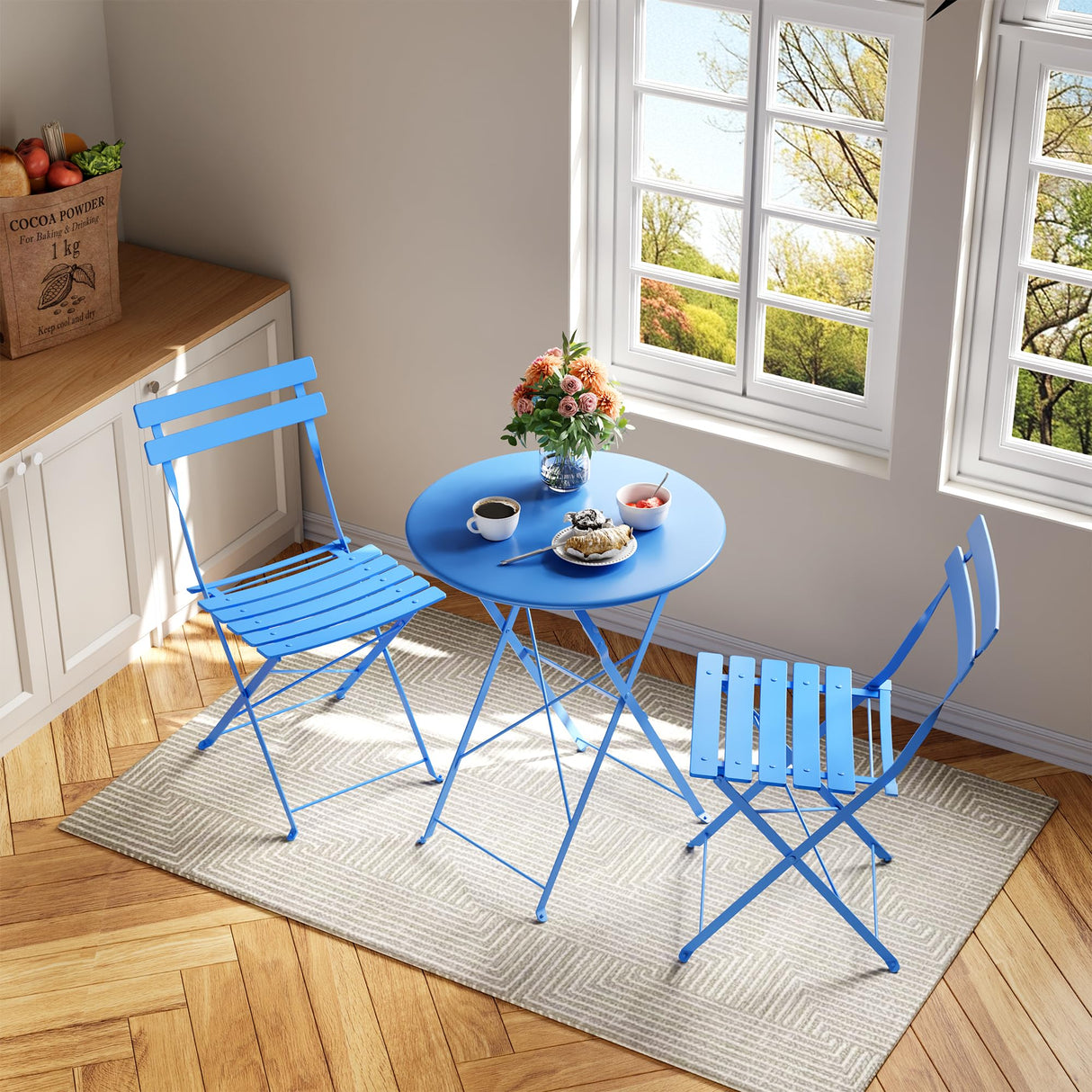 Bistro Table and Chairs Set of 2, 3 Piece Outdoor/Indoor Folding Patio Bistro Sets, 2 Chair Patio Furniture Set with Table, Premium Frame Foldable Coffee Tables for Balcony, Yard, Garden, Blue IDEALHOUSE
