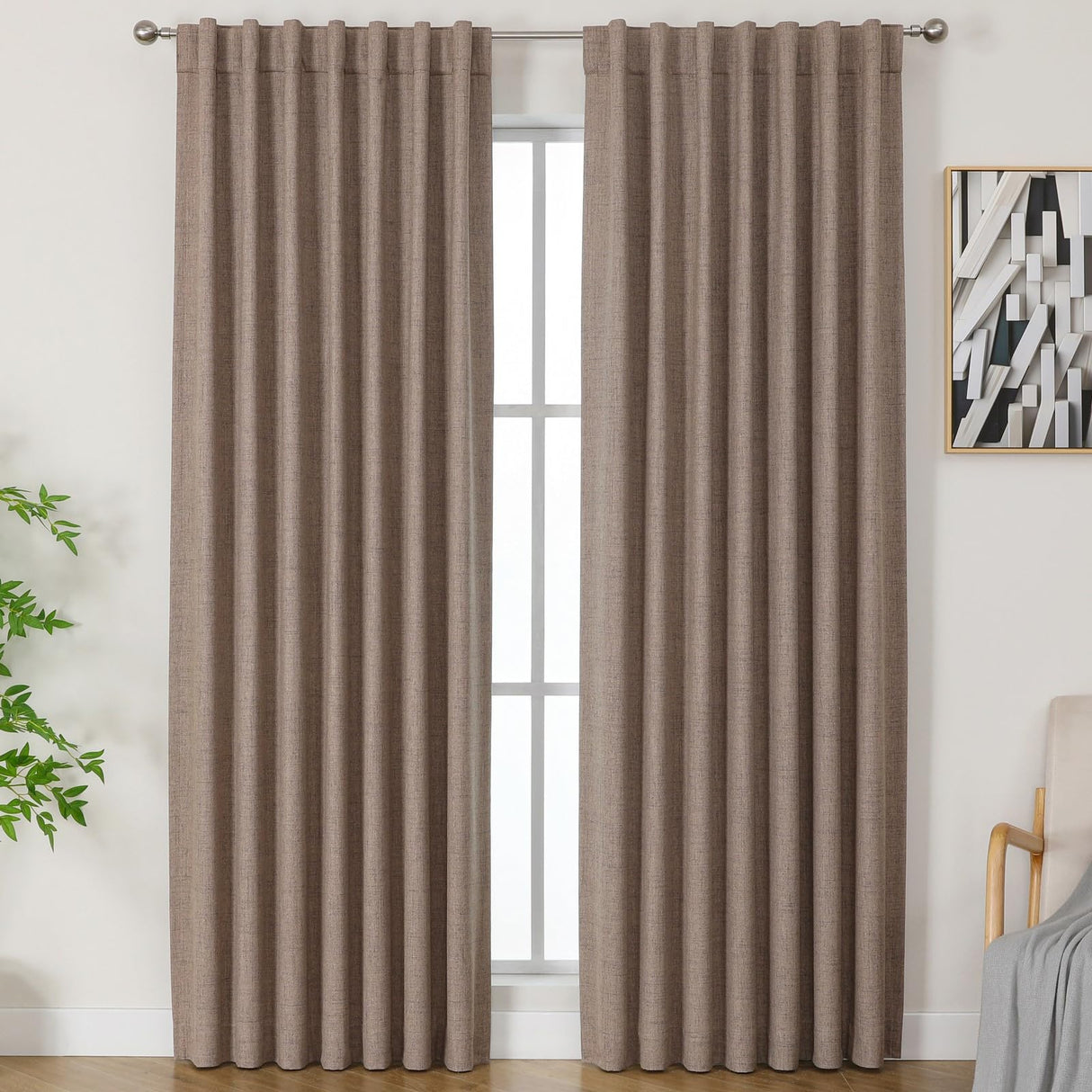 Airwill Blackout Curtains 108 inches Long Natural Linen Drapes 2 Panels Set,Thermal Insulated Back tab Rod Pocket(52x108 Inch,Linen) Airwill
