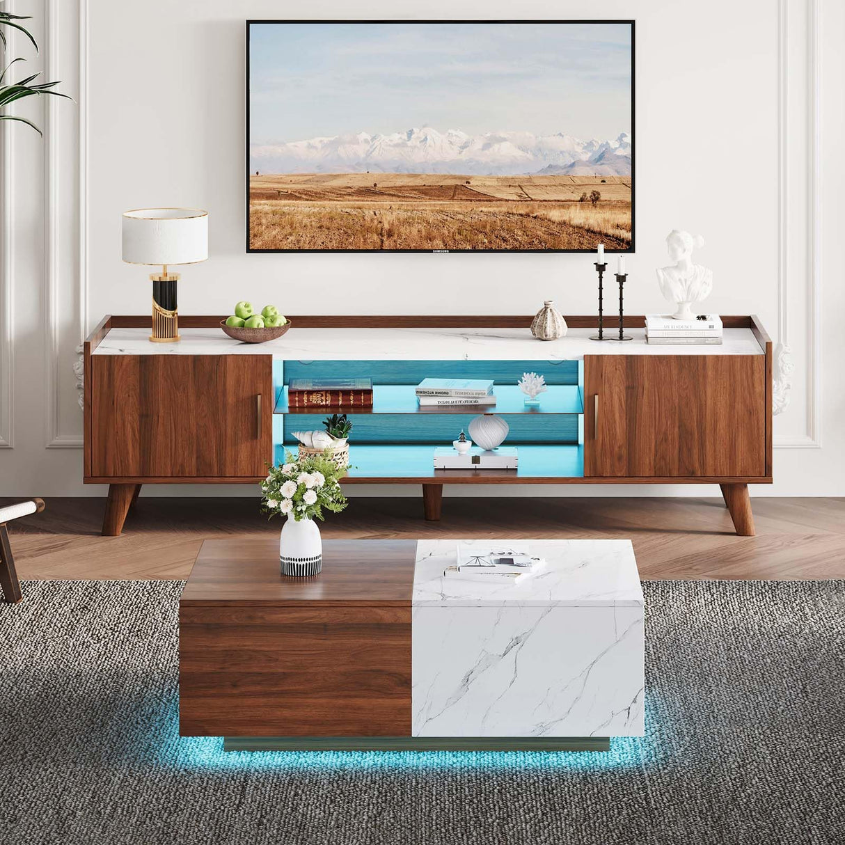 Svimi Modern Lift Top Coffee Table & 65" TV Stand Set of 2, Extendable LED Entertainment Center with Power Outlets/Hidden Storage(Walnut Brown & White Coffee Table + Walnut Brown TV Stand) Svimi