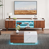 Svimi Modern Lift Top Coffee Table & 65" TV Stand Set of 2, Extendable LED Entertainment Center with Power Outlets/Hidden Storage(Walnut Brown & White Coffee Table + Walnut Brown TV Stand) Svimi