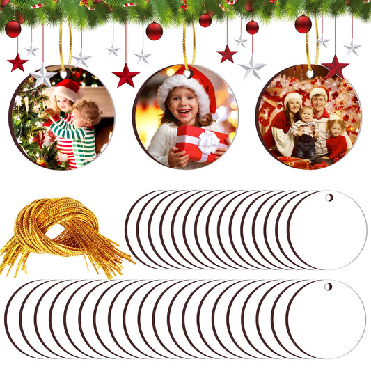 ZYNERY 40 Pcs Sublimation Ornament Blanks, Christmas Ornament Blanks, Double Side Sublimation Blanks Products with Gold String, MDF Round Acrylic Blanks Ornaments for Crafts, Christmas Gift, 2.76 in