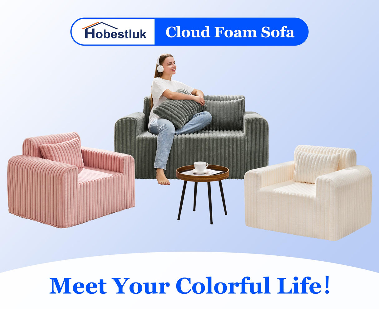 Hobestluk Couch Sofa 2-Seater Foam Sofa Loveseat for Small Spaces Comfy Sofas with Removable Cover Furry Couch with Pillows for Living Room, Bedroom, Apartment, Office (Grey, Loveseat) Hobestluk