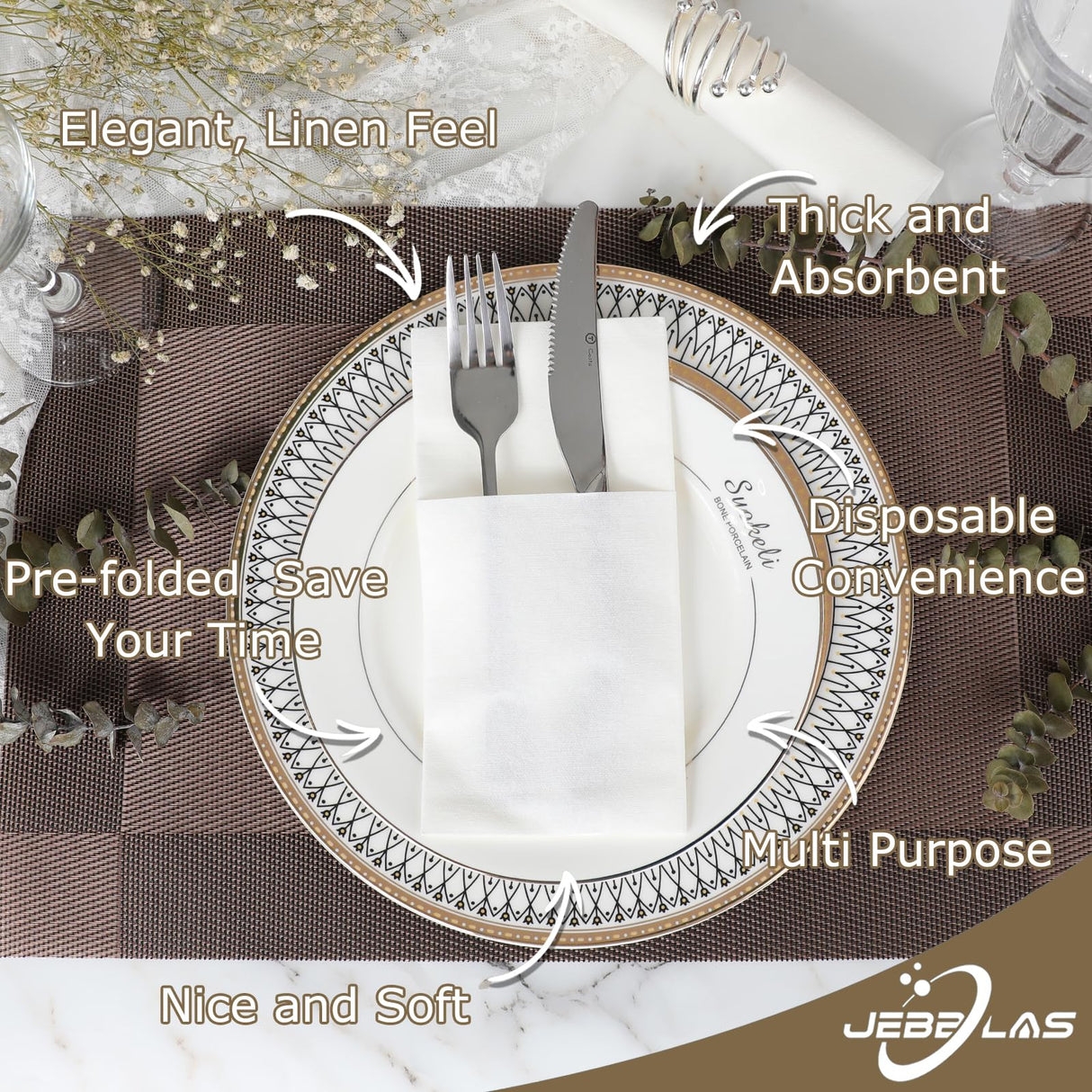 JEBBLAS Disposable Cloth Like Napkins, Built-in Flatware Pocket, Wedding Party Linen Feel White Napkin, Prefolded for Silverware,50 Count JEBBLAS